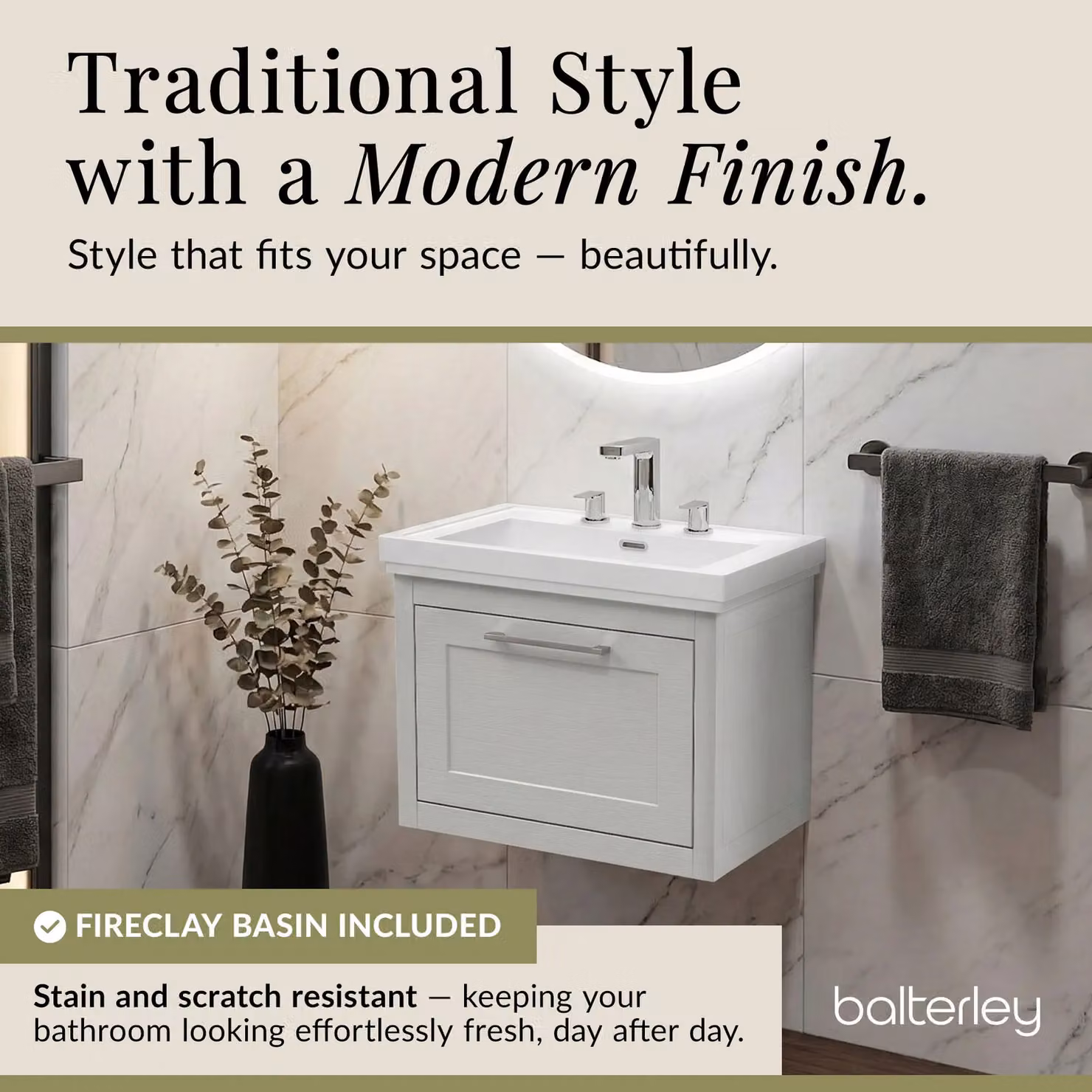 Balterley Wall Hung 1 Drawer Vanity Unit and 3TH Fireclay Basin, Grey, W: 60 cm, D: 45 cm, H: 45 cm – 2