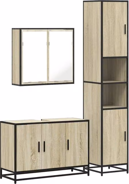 Berkfield Home 3 Piece Industrial Bathroom Furniture Set in Light Brown Sonoma Oak – 1