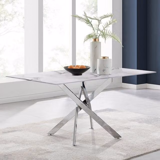 FurnitureboxUK Leonardo 6 Seat Dining Table with Grey Marble Effect White Glass Top and Silver X-Frame Legs