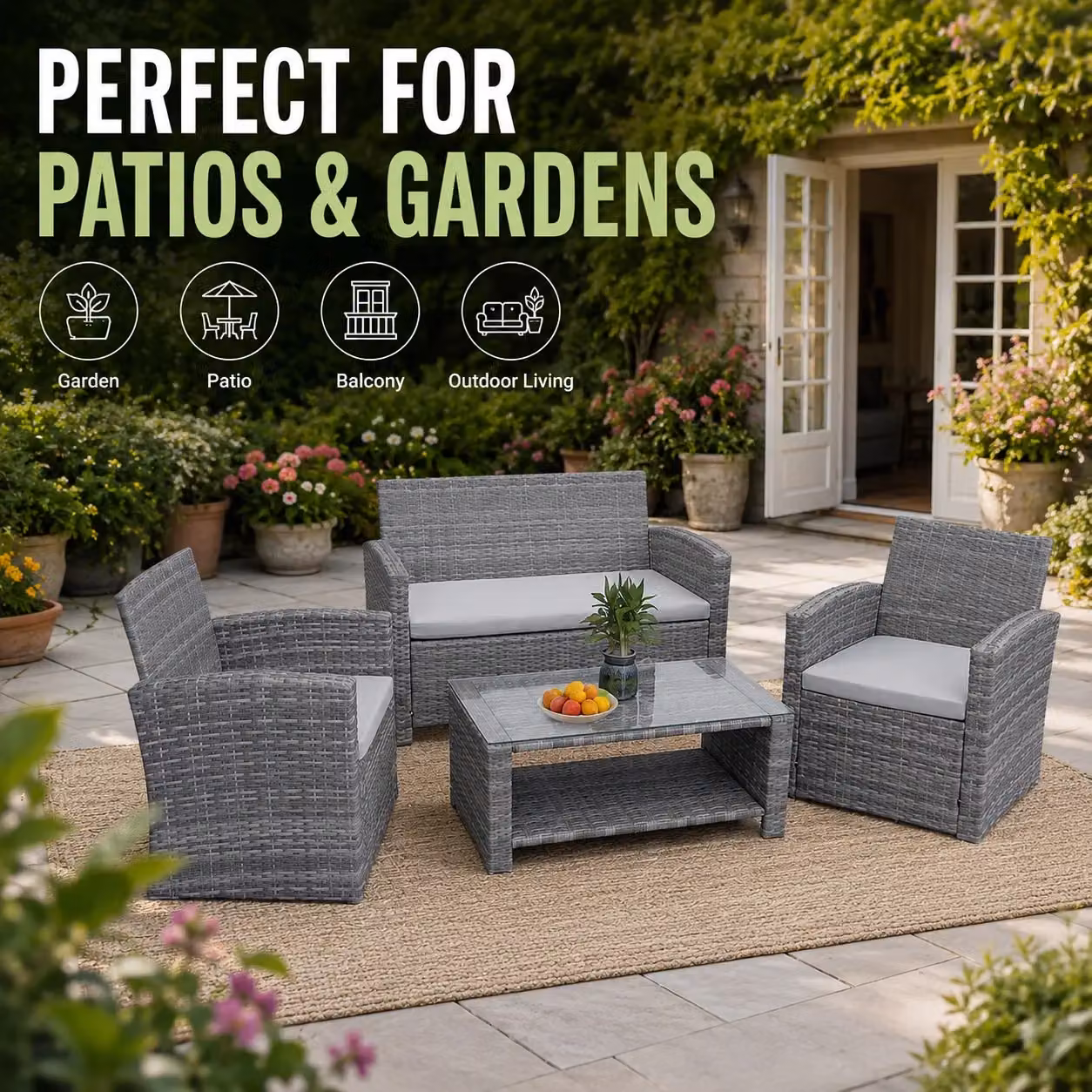 Shatchi 4 Seater Rattan Garden Furniture Set in Grey with 2 Armchairs, 2 Seater Sofa and Coffee Table – 2