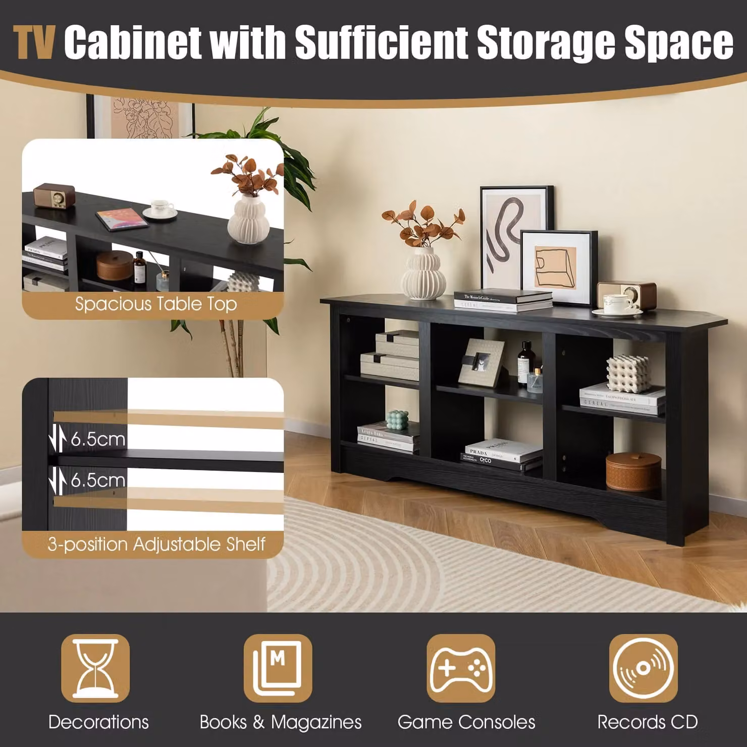 Costway Black Modern Media Entertainment Centre TV Stand for TVs up to 65 Inches – 5