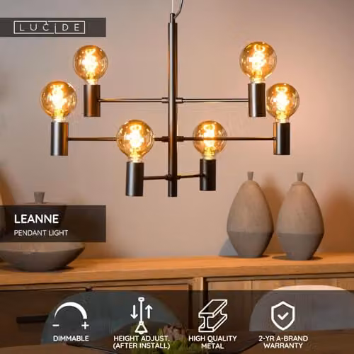 Lucide Leanne Dimmable Adjustable Modern Pendant Light in Black with 6 x E27 Sockets – 2