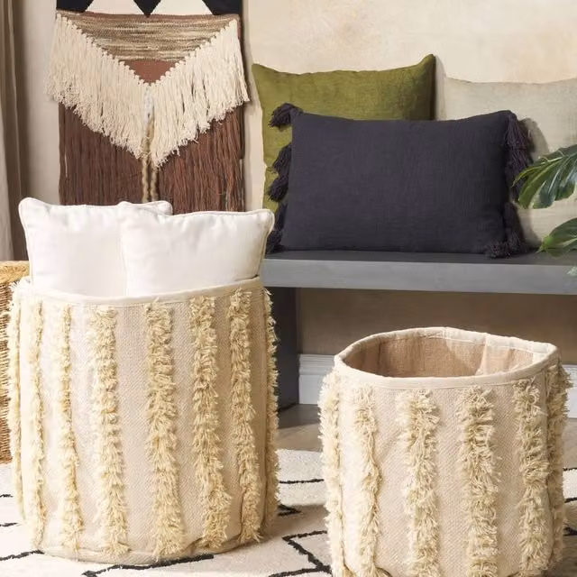Wyld and Coco Set of 2 Beige Cotton Storage Baskets, Diameter: 40 cm