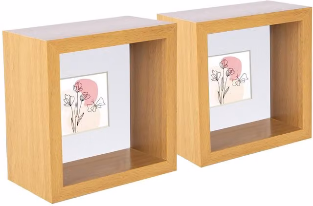 Nicola Spring Pack of 2 Modern Square 3D Deep Box Photo Frames in White and Brown, W: 10.16 cm x H: 10.16 cm
