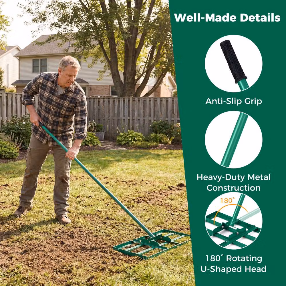 Costway Heavy-Duty Metal Lawn Leveling Rake with Adjustable Handle in Green – 7