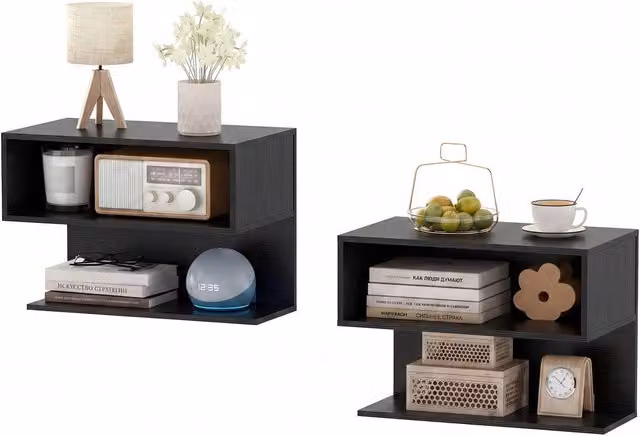 Gymax Set of 2 Wall Mounted Black Matt Floating Nightstands with Glass and Metal Design