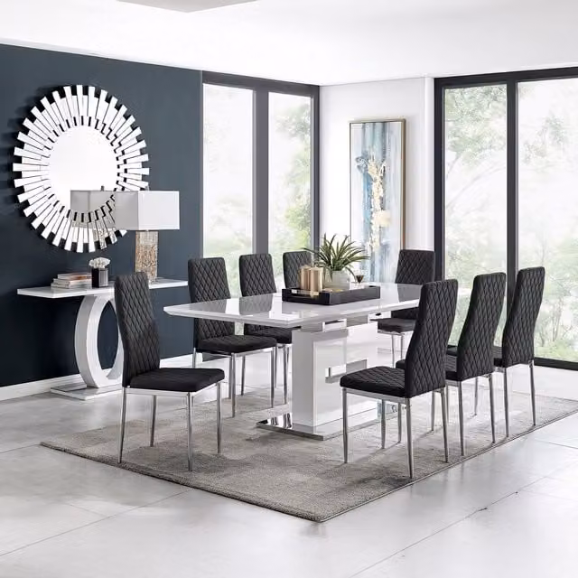 FurnitureboxUK Arezzo Large Extending Dining Table with 8 Milan Chairs in Black
