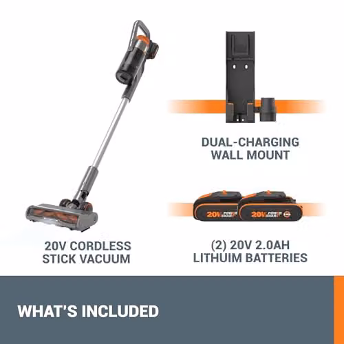 WORX WX038 20V PowerShare Cordless Bagless Stick Vacuum Cleaner in Silver with LED Headlight and Spare Battery – 4