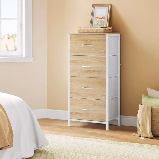 EONLION Brown Bedroom Chest of Drawers with 4 Fabric Drawers, Width: 100 cm