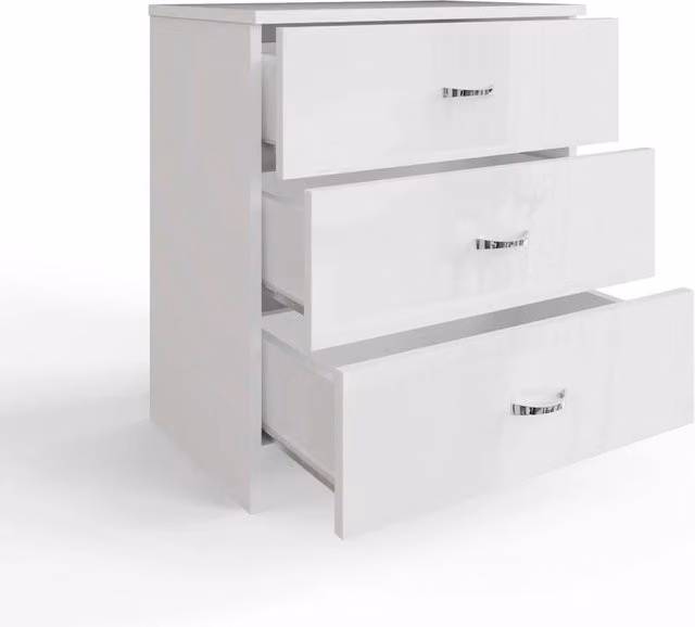 FLAVORA Gloss White 3 Drawer Chest of Drawers and Bedside Table W: 60.0 cm, D: 68.5 cm, H: 1.0 cm – 1