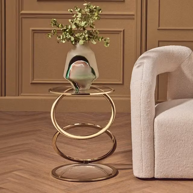 Orsina Modern Round Side Table with Transparent Glass Top and Gold Metal Frame – 1