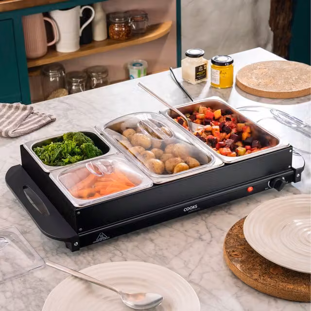 Cooks Professional Electric 4 Section Buffet Warmer Tray in Black with Stainless Steel and Analog Display