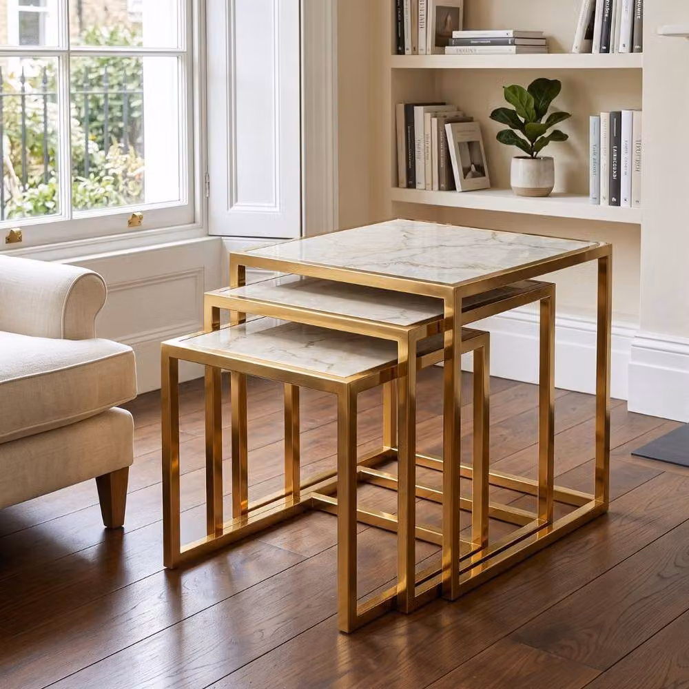 Home Luxe Interior Massa Gold Nest of 3 Tables with Cream Marble Tops and Gold Metal Legs – 2