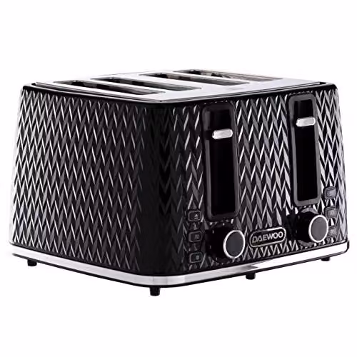 Daewoo Argyle 4 Slice 1600W Toaster with Timer and Auto Shut-off, Black