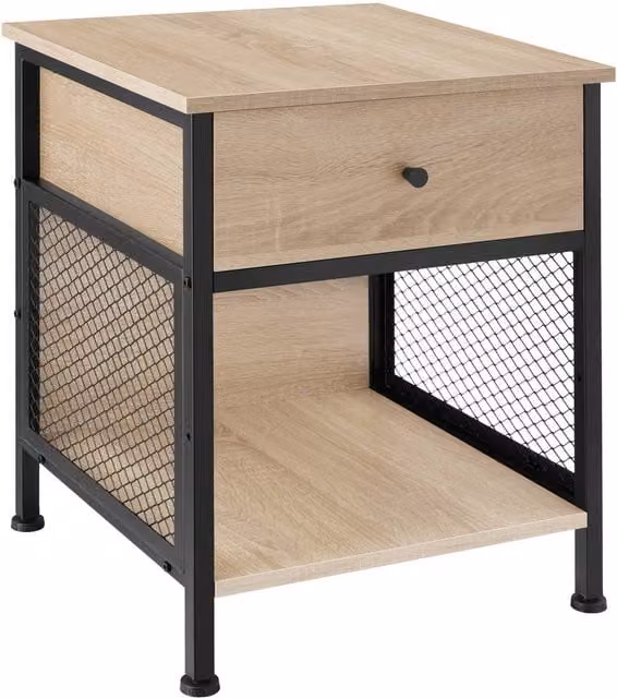 tectake Killarney Bedside Table with Shelf, Drawer and Open Storage in Light Oak