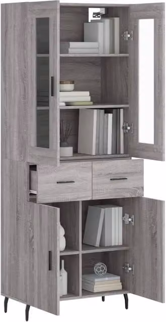 Berkfield Home Grey Sonoma Highboard with Glass and Metal Details, W/D/H: 69.5 x 34 x 180 cm