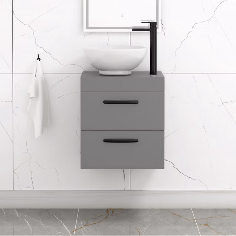 Royal Bathrooms 500mm Wall Hung 2 Drawer Vanity Unit in Indigo Grey Gloss with Breeze Countertop Basin and Matt Black Handle