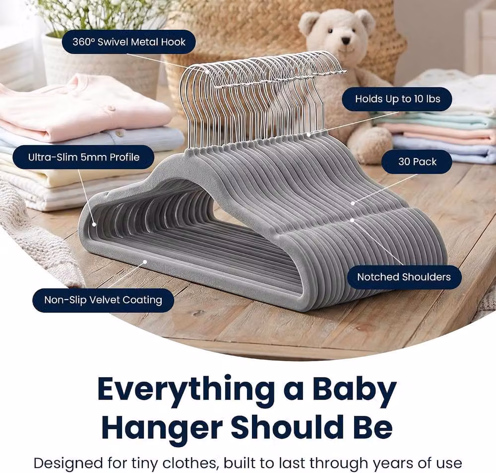 Sasha Morel Grey Velvet Baby Clothes Hangers with Swivel Hooks, 30 Pack – 6