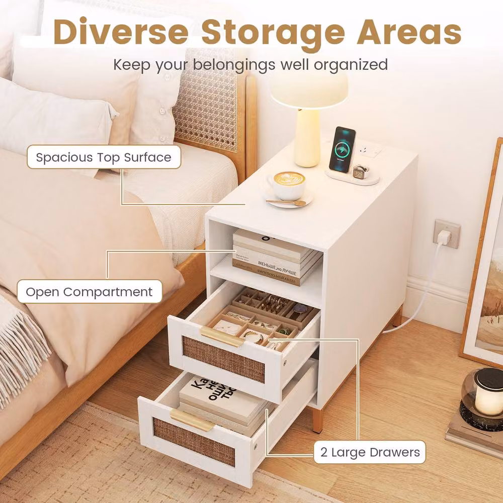 Gymax Narrow Rattan Side Table with Charging Station and 2 Drawers in White – 2