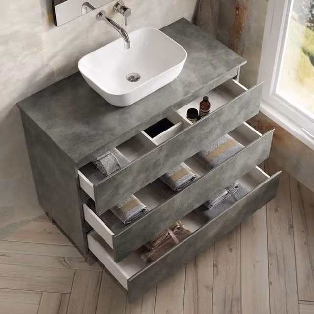 Banyetti Vatilla Floorstanding Bathroom Vanity Unit with Matching Worktop, Cemento Grey, W: 100 cm, D: 45 cm, H: 45 cm