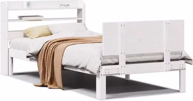 Berkfield Home White Pine Wood Bed Frame with Headboard and Side Compartments, W/D/H: 90 x 200 cm