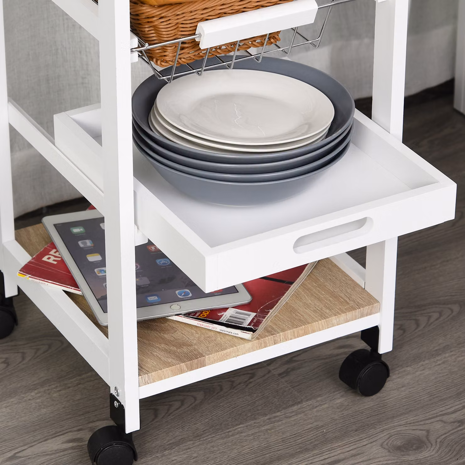 HOMCOM Mobile Rolling Kitchen Island Trolley with Drawer and Basket, White – 4