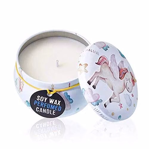 KDMD Art Tin Candle with Unicorn Design in White and Red