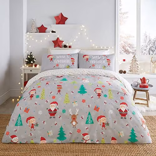 Bedlam Elf and Santa Christmas Reversible Duvet Cover Set with Pillowcases, Grey and White Polka Dot, W/D/H: 230 x 220 x 180 cm