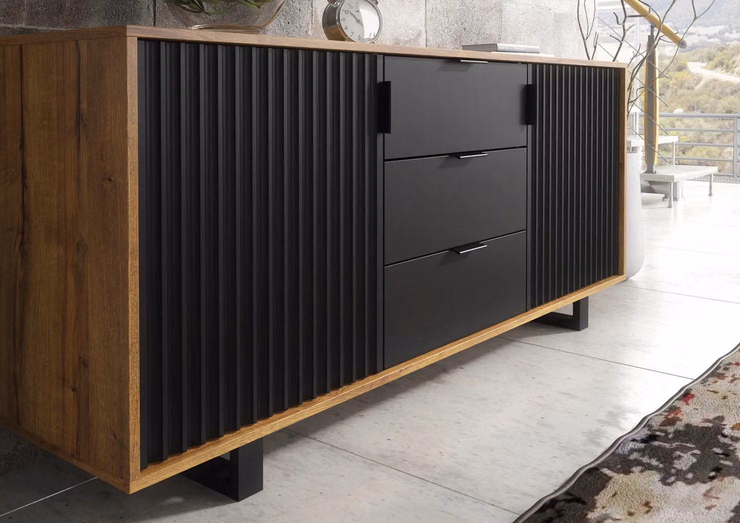 Creative Furniture Blackridge Sideboard in Dark Oak and Matte Black, W: 140 cm, H: 75 cm, D: 35 cm – 3