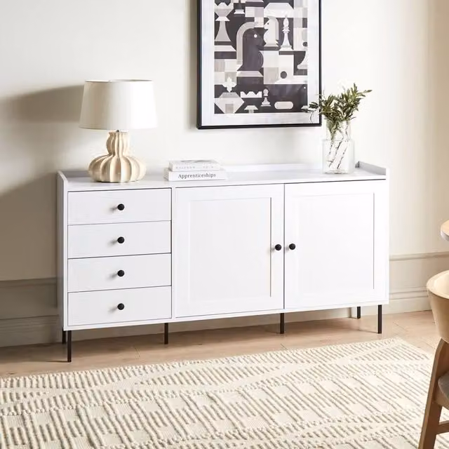 Wyld Haus Scandinavian White Sideboard with 2 Doors and 4 Drawers, W/D/H: 150 x 40 x 80 cm – 1