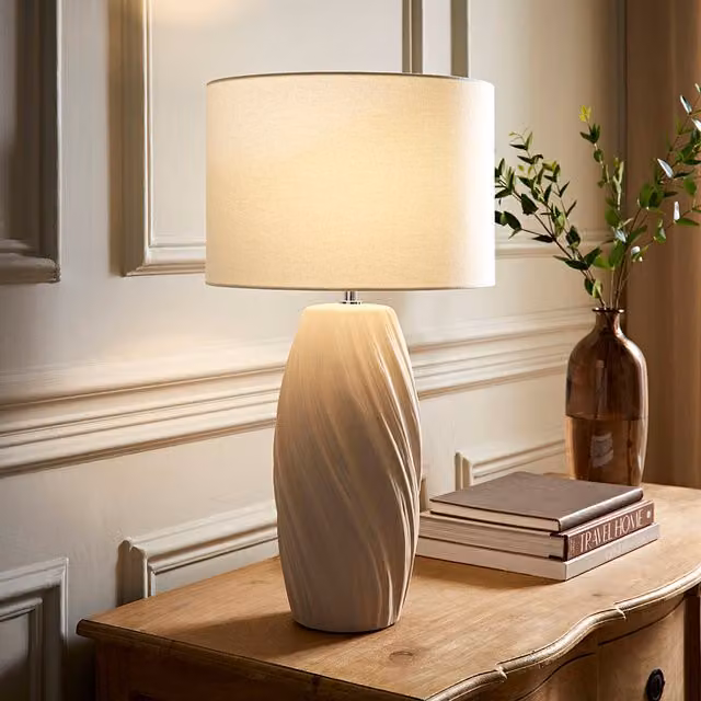 ValueLights Lydia Tall Swirl Matte Ceramic Table Lamp with Fabric Drum Shade in White, Yellow or Beige