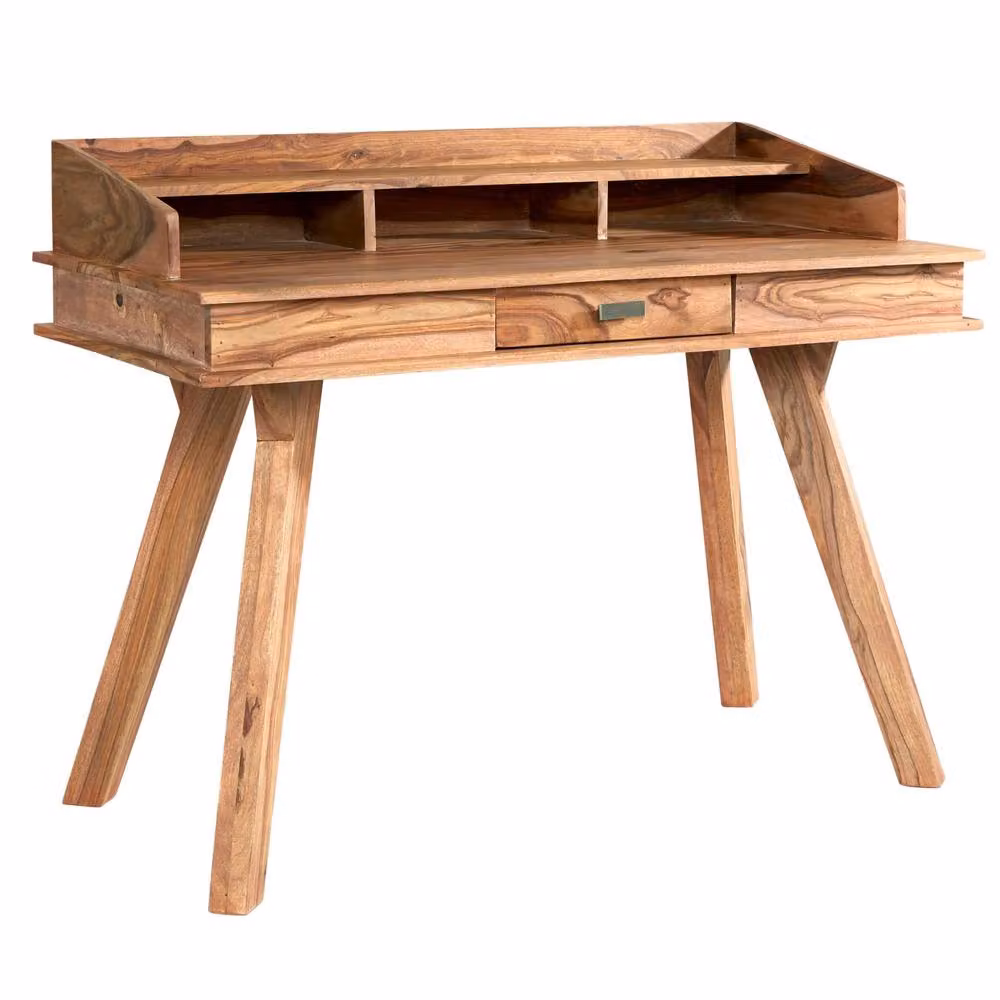 Wyld Haus New York Sheesham Wood Writing Desk with Drawer and Top Shelf, Brown, W: 117 cm, D: 60 cm, H: 78 cm – 2