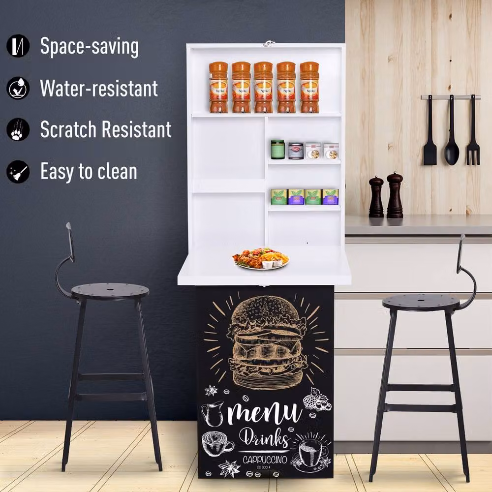FORGEVIO Wall-Mounted Folding Drop-Leaf Writing Desk and Chalkboard Shelf in White, W/D/H: 147 x 60 x 147 cm – 4