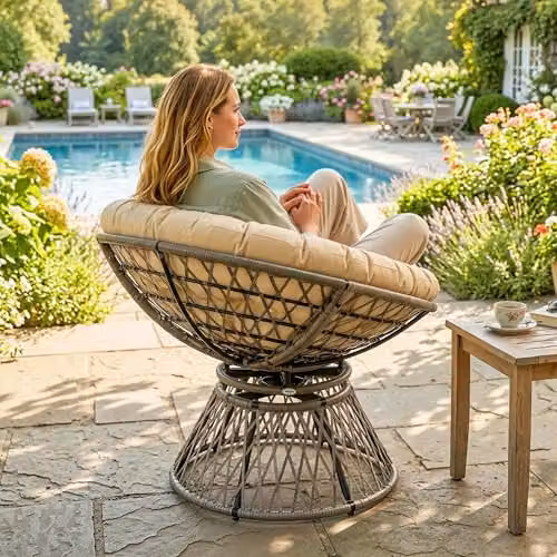 Outsunny 360 Swivel Rattan Moon Bowl Chair with Padded Cushion in Beige or Grey – 6