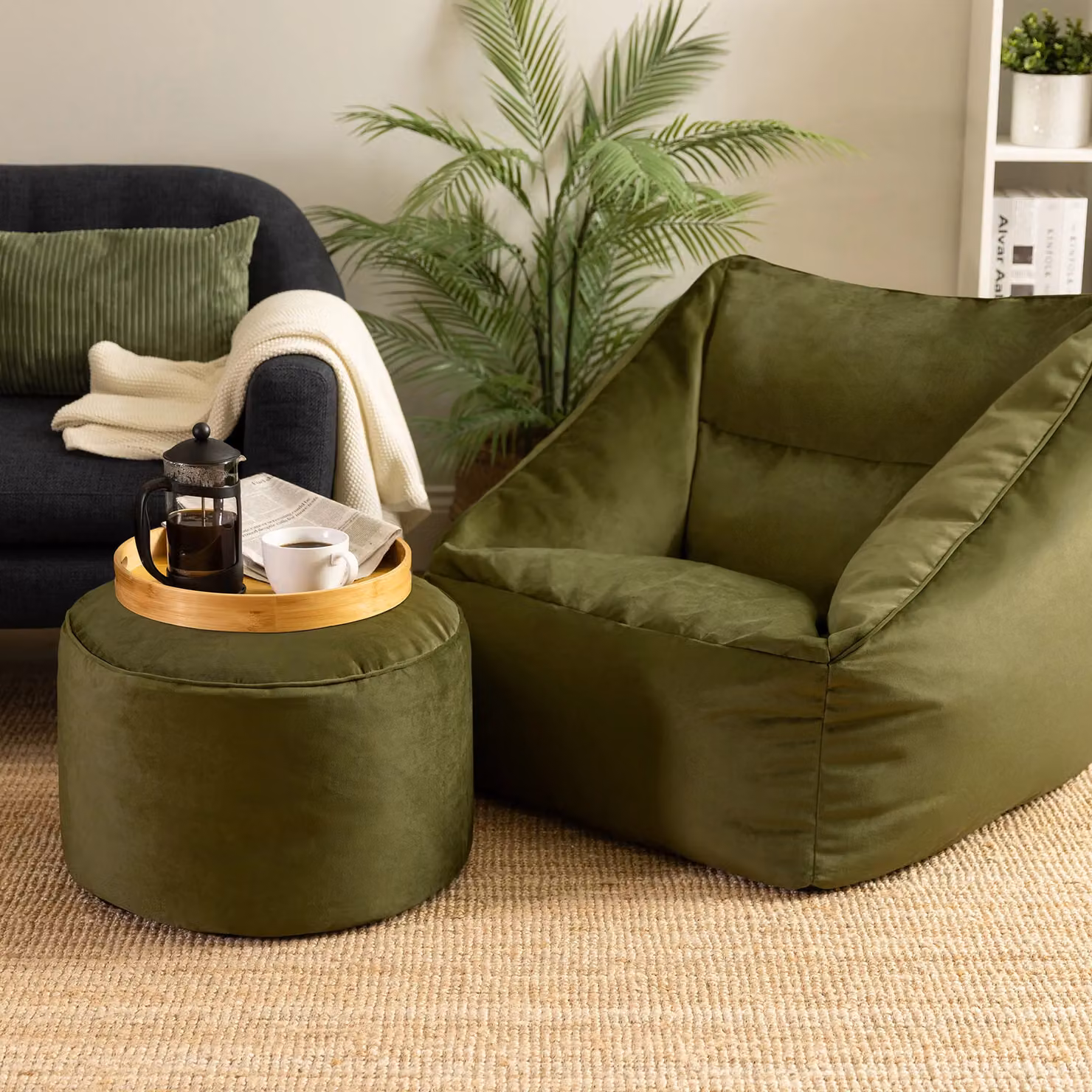 icon Natalia Velvet Adults Bean Bag Armchair and Pouffe Set in Dusk Pink and Olive Green – 5
