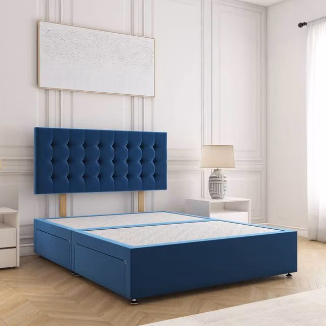 BSSPOKE Isla Velvet Plush Divan Bed with 24 inch Headboard and 4 Drawers in Blue, W/D/H: 140 x 200 cm
