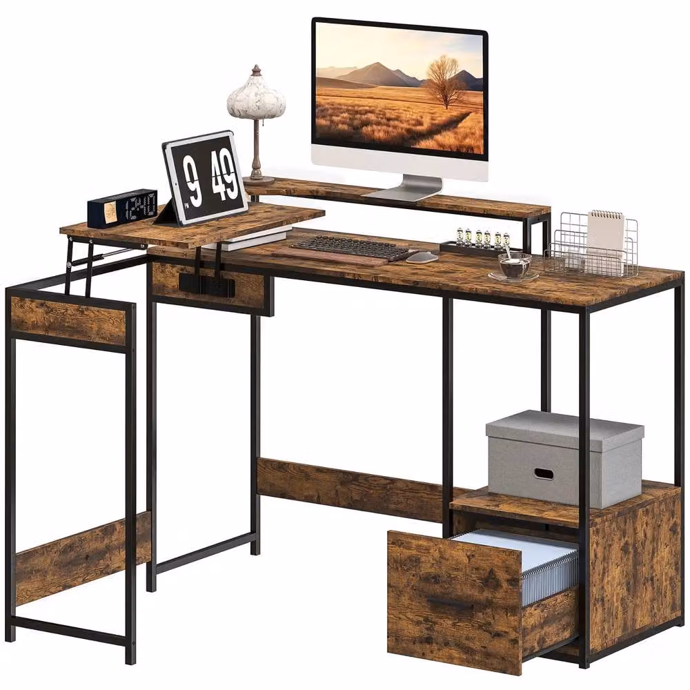 FURNOS Industrial L Shaped Corner Computer Desk with Storage in Brown and Black, W/D/H: 137.5 x 110 x 76.5 cm – 6