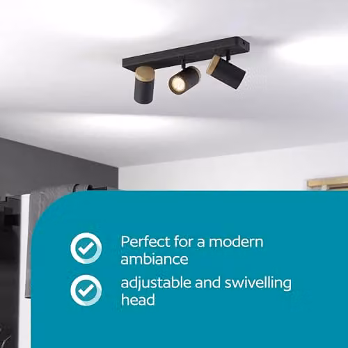 Eglo Consuma 3-Light Modern Ceiling Spotlight for Bathroom and Living Room, Black and Brown Metal and Wood – 4