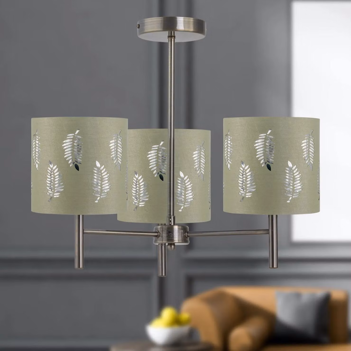 First Choice Lighting Brea Antique Brass 3 Light Ceiling Fitting with Green Fabric Shades – 3