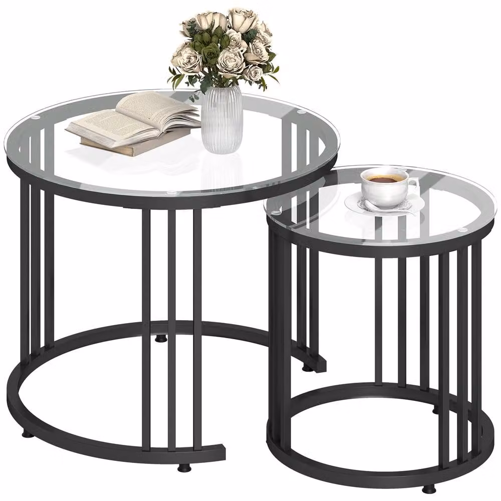 HOMCOM Set of 2 Round Nesting Coffee Tables with Black Tempered Glass Tops – 2