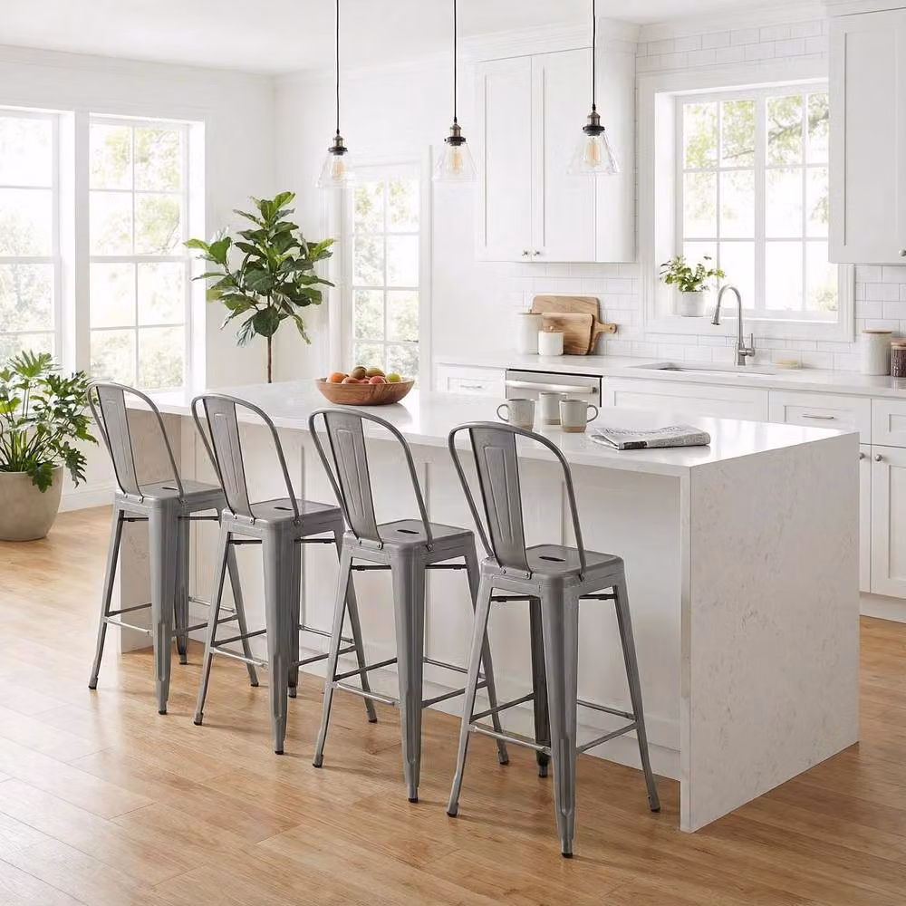 FWStyle Set of 4 Bistro Bar Stools in Silver Gloss Metal for Indoor and Outdoor Use – 2
