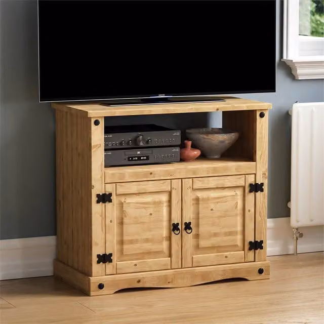 FORGEVIO Rustic Brown Waxed Wood and Metal Straight TV Unit for your Bedroom – 1