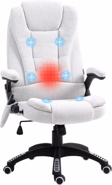 Rolipo Heated 6-Point Massage Reclining Linen-Feel Office Chair in White