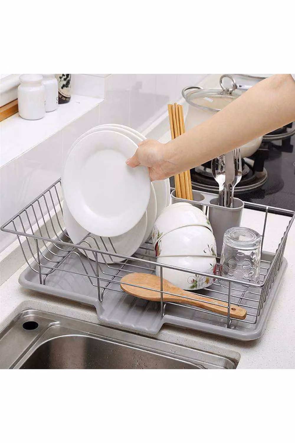 Living and Home Metal Dish Drainer Rack with Removable Tray and Drainage Outlet in Silver – 2