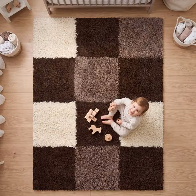 Bravich California Checked Shaggy Rug in Brown, W/D: 290 x 200 cm