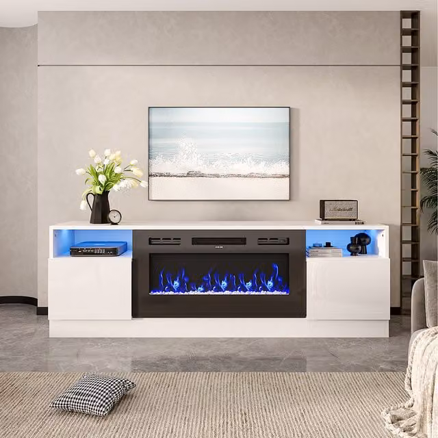 Livingandhome Modern Glossy White Recessed Electric Fireplace with TV Cabinet and Crystal Stone Fuel