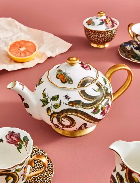 Spode Creatures of Curiosity Snake Bone China Teapot in Multicolour, Gold and White with Floral Design