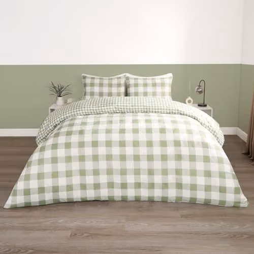 OHS Gingham Check Reversible Microfibre Duvet Cover and Pillowcase Set, Green and White, W/D/H: 200 x 200 cm