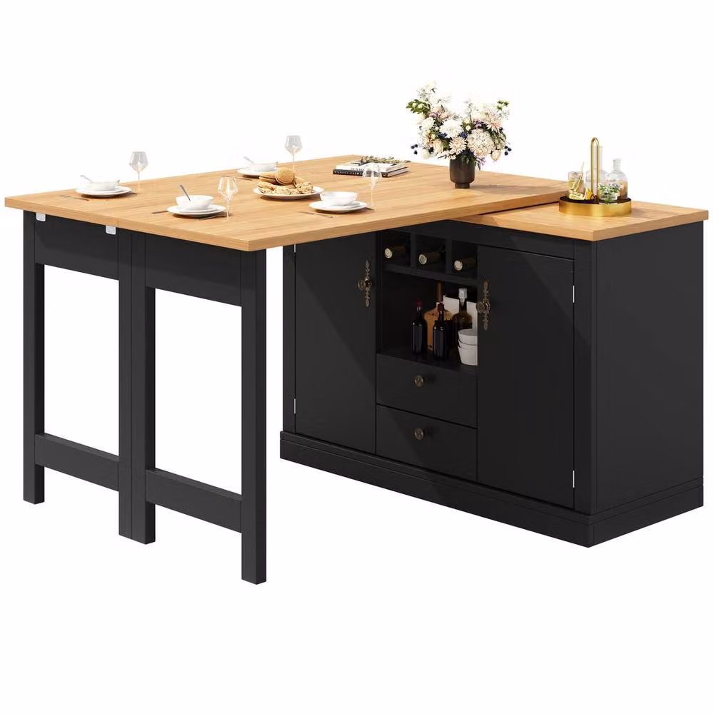Rolipo Extendable Kitchen Island and Rotating Bar Table with Storage in Matt Black – 9