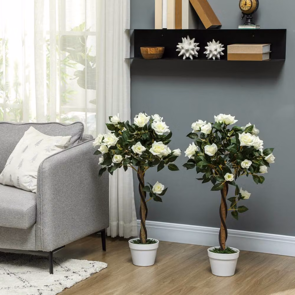 STILVORA Set of 2 White Artificial Rose Trees, Height: 90 cm – 2